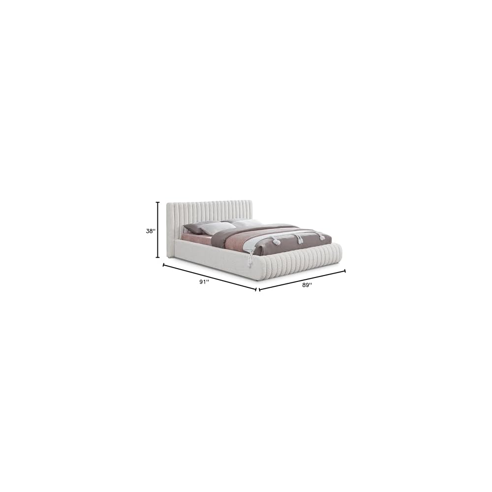 Meridian Furniture NashCream-K Nash Collection Modern | Contemporary Boucle Fabric Upholstered King Bed with Rich Cream Boucle Fabric and Deep Channel Tufting, 89" W x 91" D x 38" H, Cream, King