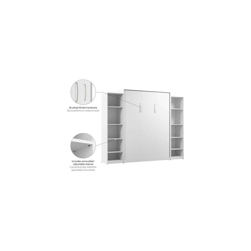 Pemberly Row Queen Murphy Bed with Closet Organizers, Engineered Wood, White Finish, Dual Piston Fold System, Storage Cabinets, Space-Saving Design, 85.63" H x 104.41" W x 91.16" D