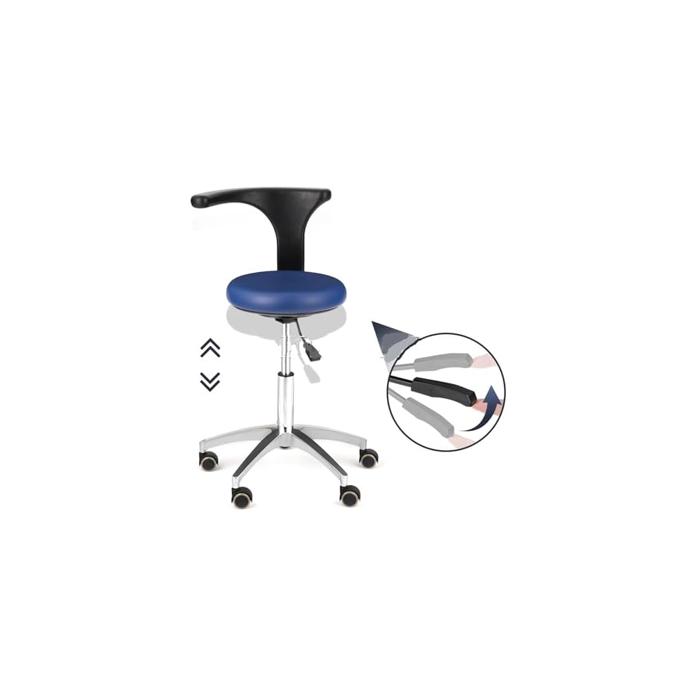 Multi-Purpose Adjustable Rolling Stools Chair Adjustable Mobile Chair Metal Base Portable PU Leather Blue