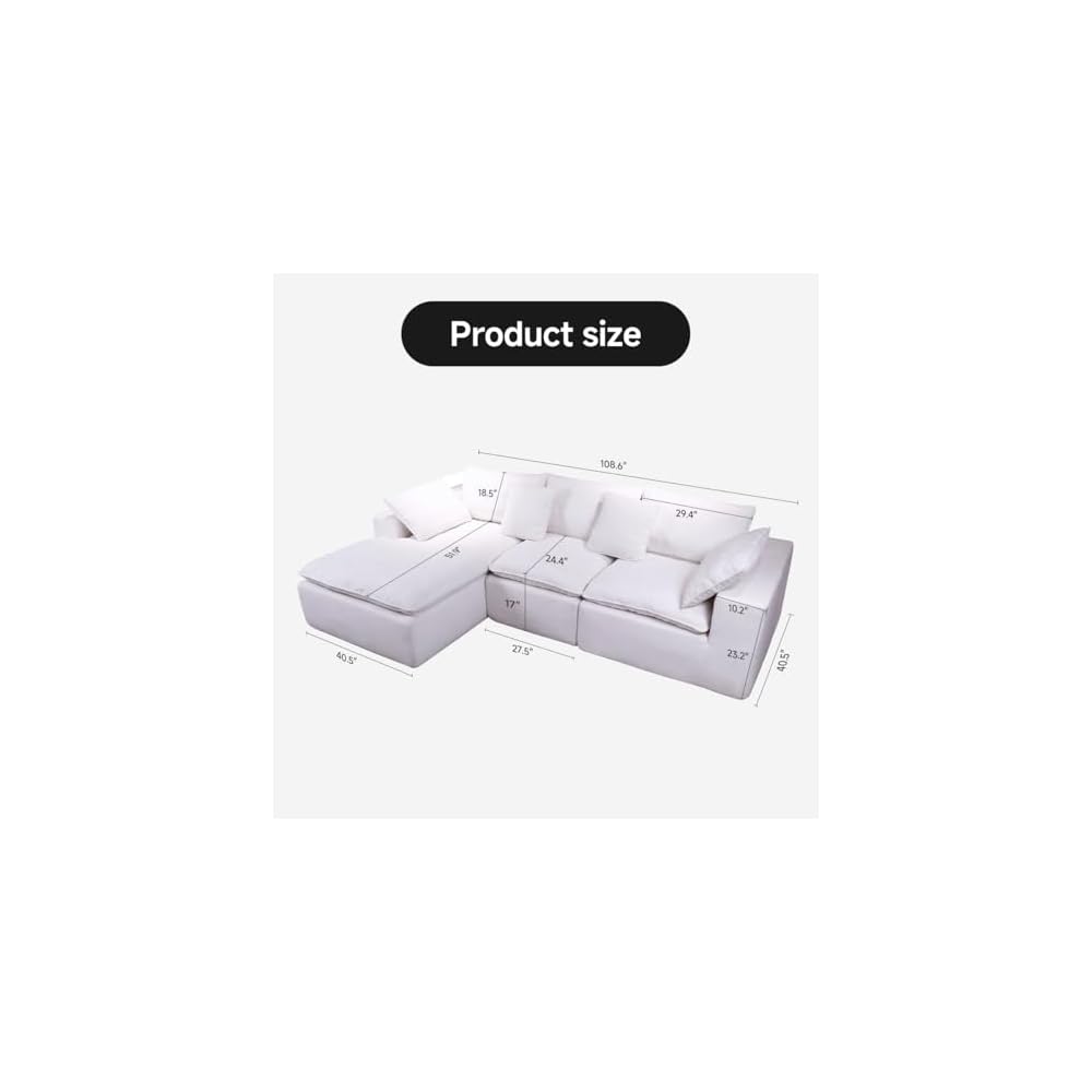 108” Modern Modular L-Shape Sectional Sofa, Cloud Sectional Couch with Chaise, Upholstered Couches, Deep Seat Sofa with Pillow for Living Room (White, L Shape with Left Facing Chaise)