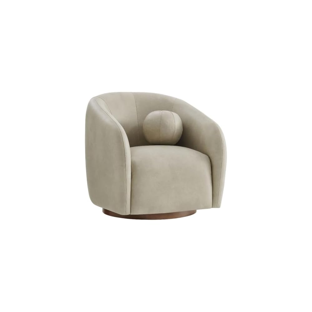 Modway Holland Curved Swivel Armchair in Toast – Vegan Leather Barrel Chair with Ball Throw Pillow and Wood Base – Mid-Century Modern Curved Living Room Accent Chair