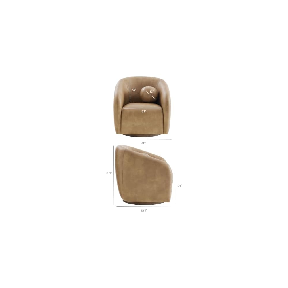 Modway Holland Curved Swivel Armchair in Toast – Vegan Leather Barrel Chair with Ball Throw Pillow and Wood Base – Mid-Century Modern Curved Living Room Accent Chair