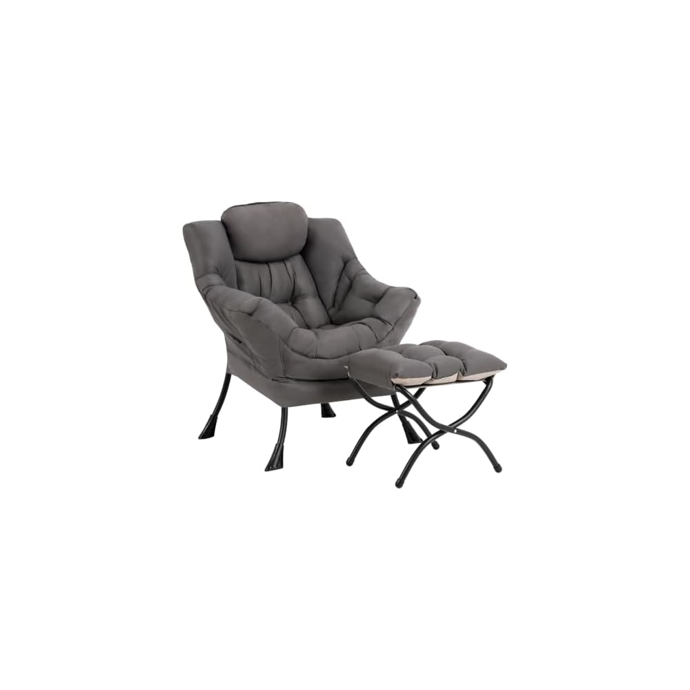 Welnow Lazy Chair with Ottoman, Reading Chair with Footrest,Dark Grey