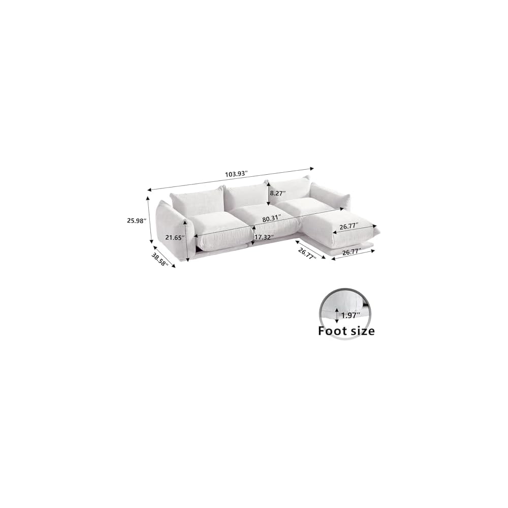 JACH 103" L-Shaped Sectional Couch, Minimalist Chenille Modular Sofas Couches, Mid-Century Couch Sectionals with Reversible Chaise Ottoman for Living Room, Office, Apartment, White