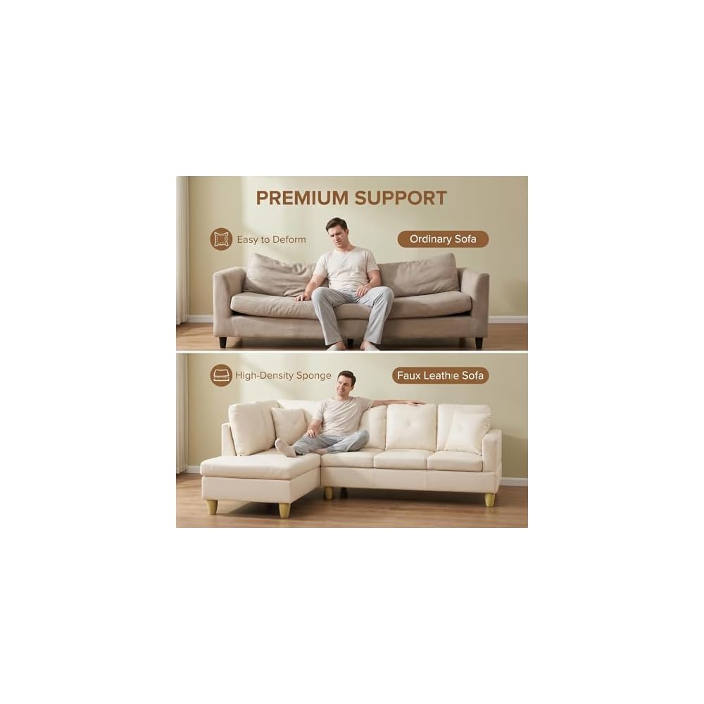 97" Sectional Couch, L Shaped 4 Seater PU Faux Leather Sofa w/Chaise Lounge, Comfy Modern Modular Couch for Living Room, Apartment, Off-White, Left, 2PCS
