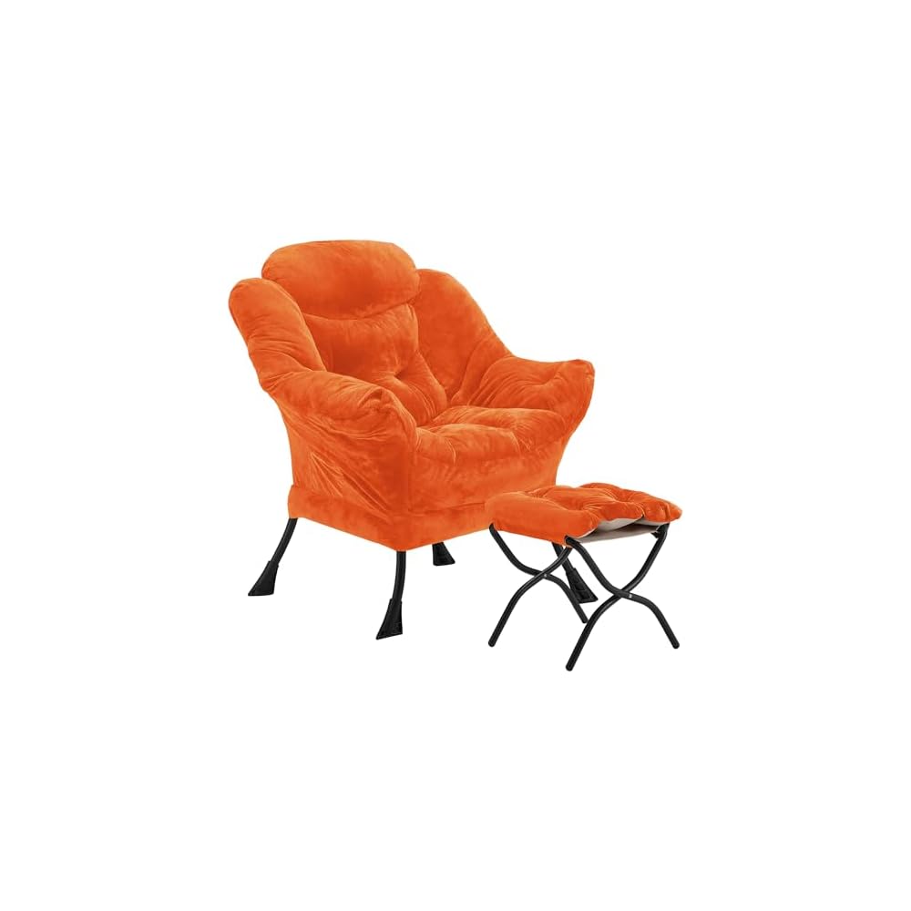 Youtanic Lazy Chair with Folding Ottoman, Accent Chair Velvet Upholstered with Metal Structure and Non-Slip Pads, Sofa Armchair with Footrest and Side Storage Bag for Dorm, Office, Charcoal