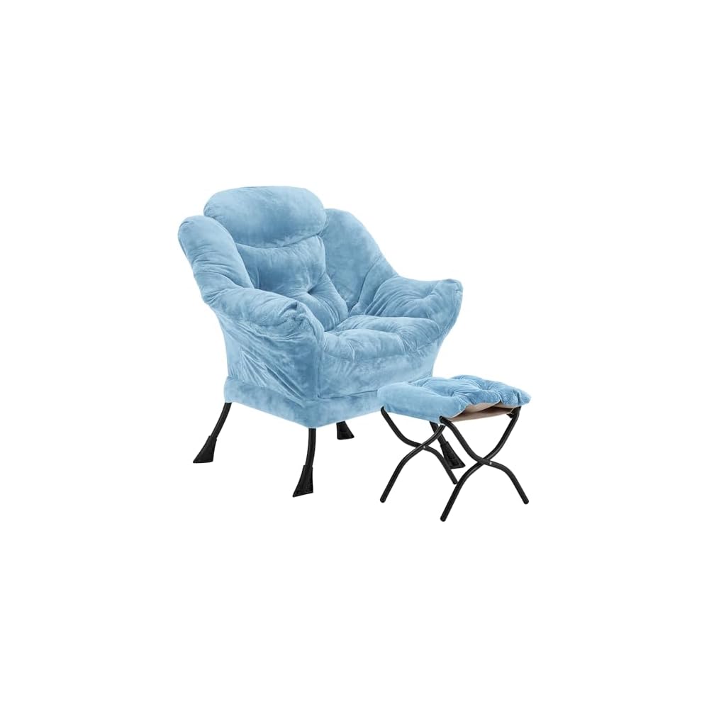Youtanic Lazy Chair with Folding Ottoman, Accent Chair Velvet Upholstered with Metal Structure and Non-Slip Pads, Sofa Armchair with Footrest and Side Storage Bag for Dorm, Office, Charcoal