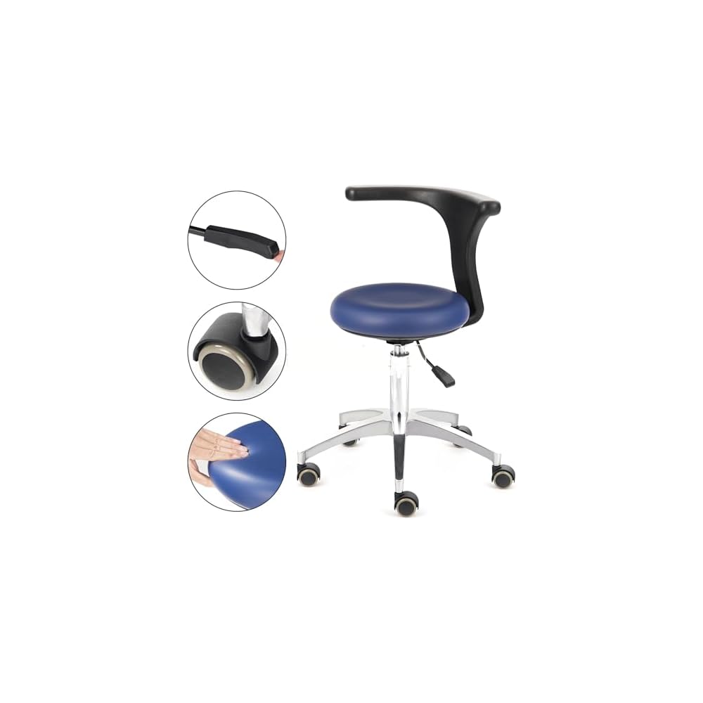 Multi-Purpose Adjustable Rolling Stools Chair Adjustable Mobile Chair Metal Base Portable PU Leather Blue