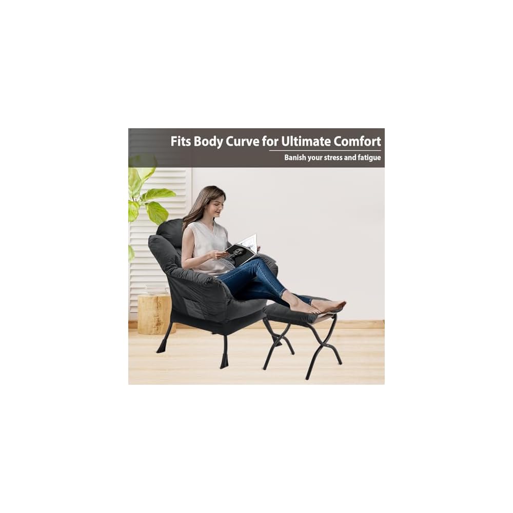 Youtanic Lazy Chair with Folding Ottoman, Accent Chair Velvet Upholstered with Metal Structure and Non-Slip Pads, Sofa Armchair with Footrest and Side Storage Bag for Dorm, Office, Charcoal