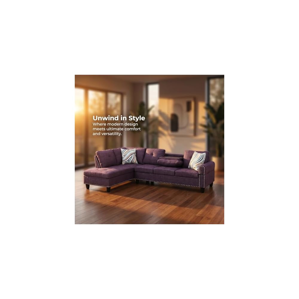 L-Shaped Sectional Sofa, Modern 4-Seat Couch with Built-in Cup Holders, Upholstered Fabric Sectional Couch with Right Facing Chaise for Living Room, Apartment, Office, Purple