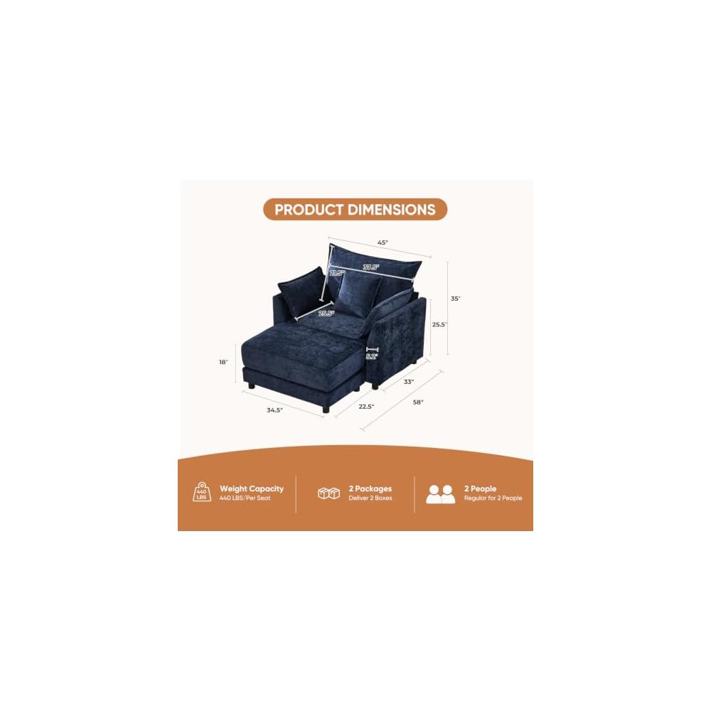 Oversized Chaise Lounge Chair Indoor, Modern Chenille Sleeper Sofa Bed with Pillows, Deep Seat Cloud Couch Reading Chairs, Upholstered Sofas Couches for Living Room, Navy Blue