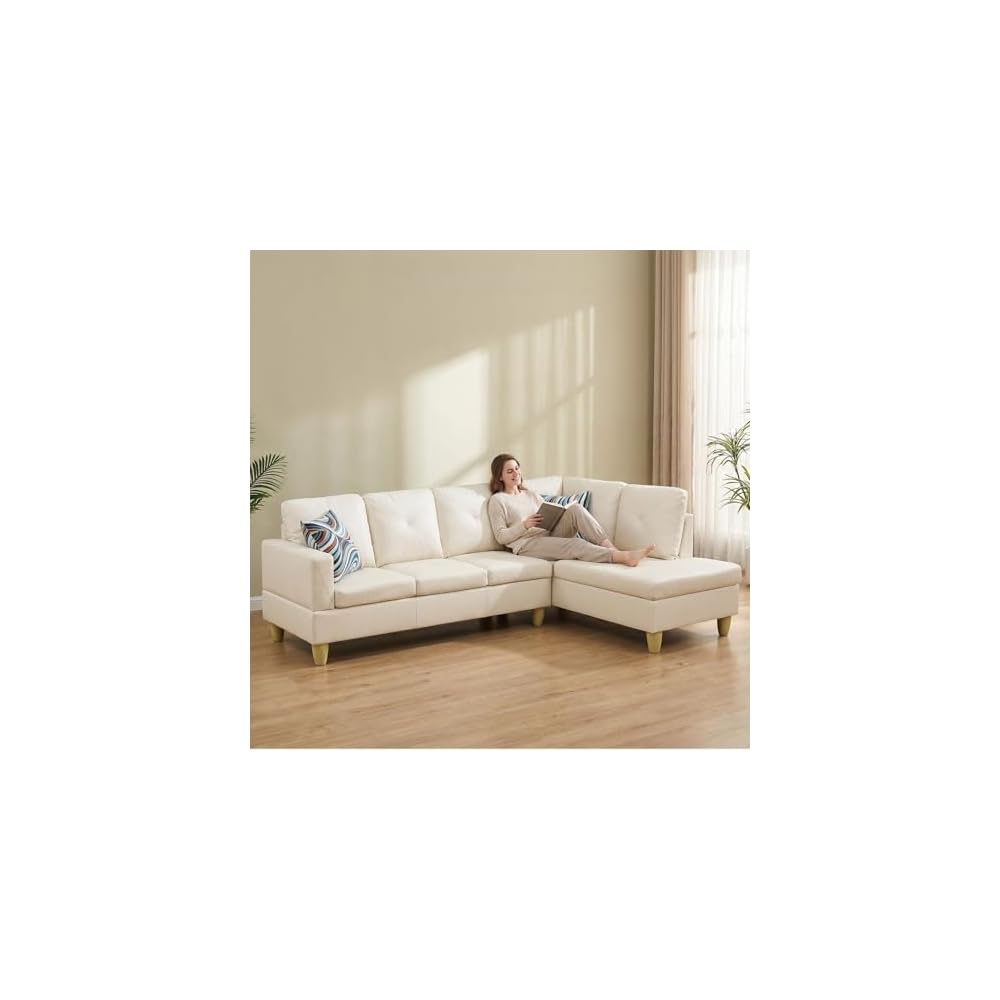 97" Sectional Couch, L Shaped 4 Seater PU Faux Leather Sofa w/Chaise Lounge, Comfy Modern Modular Couch for Living Room, Apartment, Off-White, Left, 2PCS