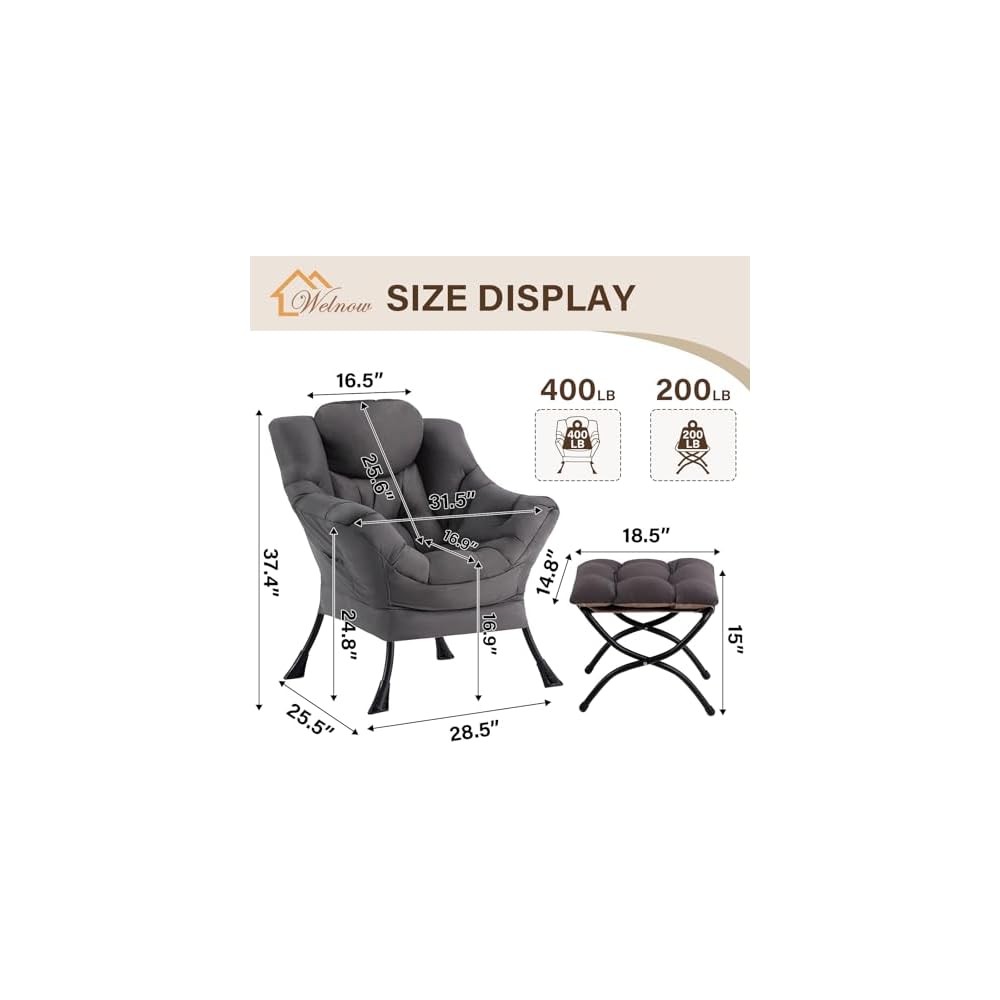 Welnow Lazy Chair with Ottoman, Reading Chair with Footrest,Dark Grey
