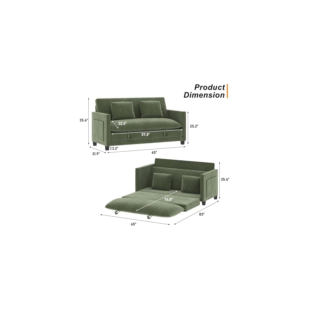XVD 65 Inch Convertible Loveseat Sleeper Sofa Bed with Storage Pockets & 2 Pillows - 2-in-1 Folding Couch for Small Spaces, Modern Corduroy Loveseat for Apartment, Living Room, Guest Room, Green