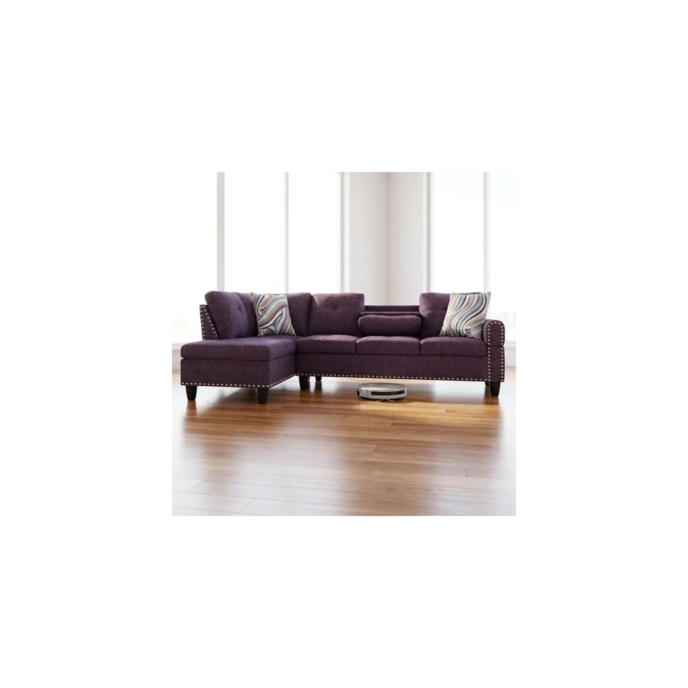 L-Shaped Sectional Sofa, Modern 4-Seat Couch with Built-in Cup Holders, Upholstered Fabric Sectional Couch with Right Facing Chaise for Living Room, Apartment, Office, Purple