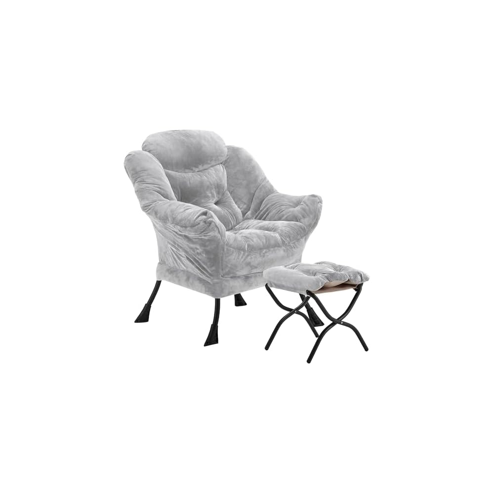 Youtanic Lazy Chair with Folding Ottoman, Accent Chair Velvet Upholstered with Metal Structure and Non-Slip Pads, Sofa Armchair with Footrest and Side Storage Bag for Dorm, Office, Charcoal