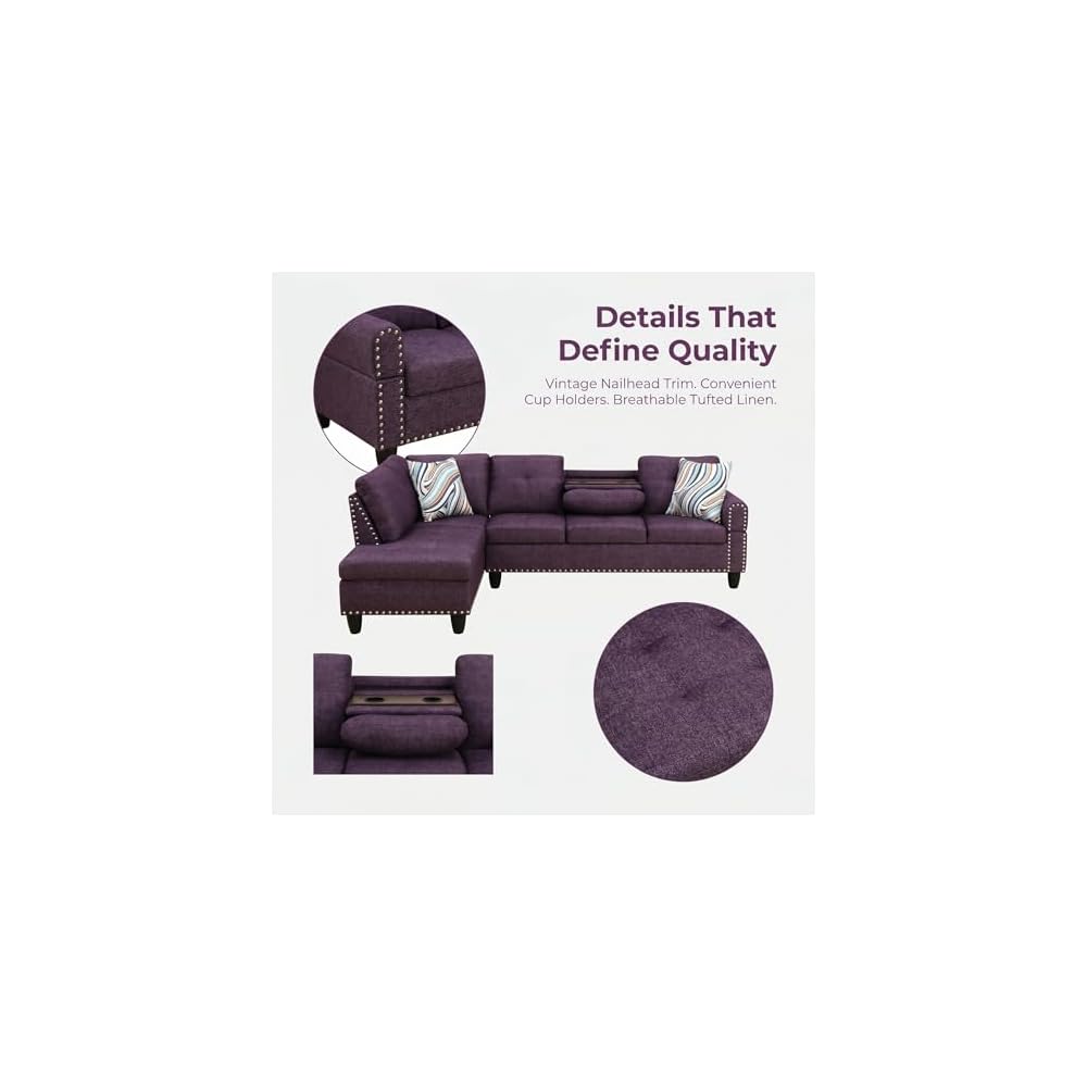 L-Shaped Sectional Sofa, Modern 4-Seat Couch with Built-in Cup Holders, Upholstered Fabric Sectional Couch with Right Facing Chaise for Living Room, Apartment, Office, Purple