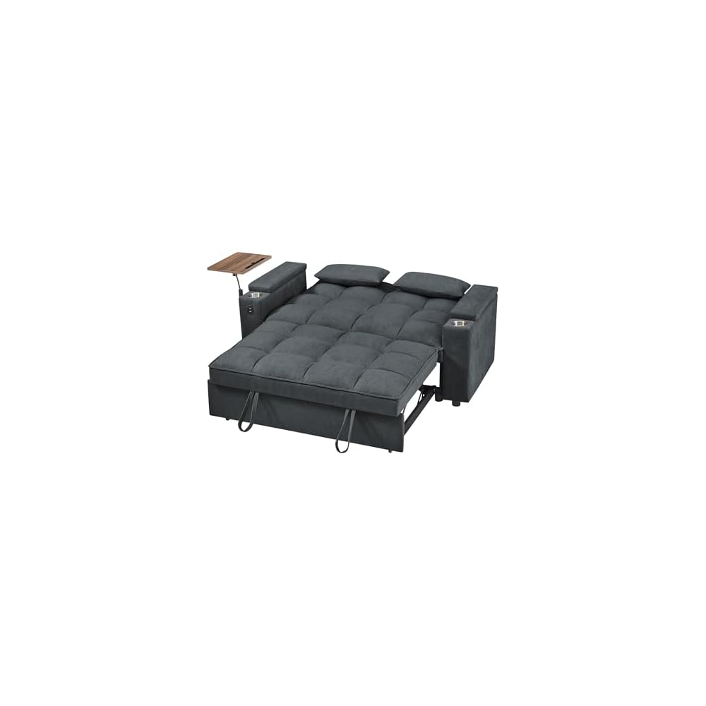 Auvsoce 65'' Convertible Sleeper Sofa Bed with Adjustable Backrest, Chaise Lounge, Side Table & USB/Type-C Ports – Stylish & Functional Addition to Any Living Room (Drak Grey)
