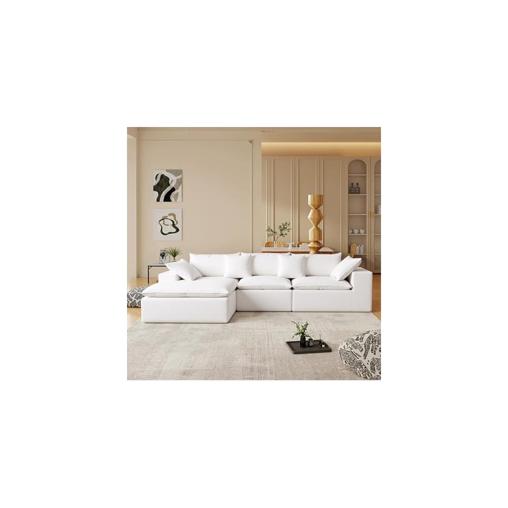 108” Modern Modular L-Shape Sectional Sofa, Cloud Sectional Couch with Chaise, Upholstered Couches, Deep Seat Sofa with Pillow for Living Room (White, L Shape with Left Facing Chaise)