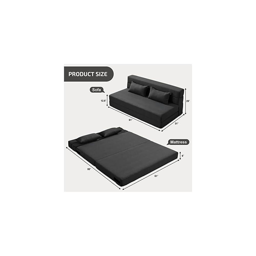 SUYOLS Convertible Folding Sofa Bed - Chair Bed Sleeper with Pillow, Modern Linen Fabric Fold Out & Futon Couch, Foldable Mattress for Living Room/Dorm/Guest Use/Home Office, Queen Size, Dark Gray