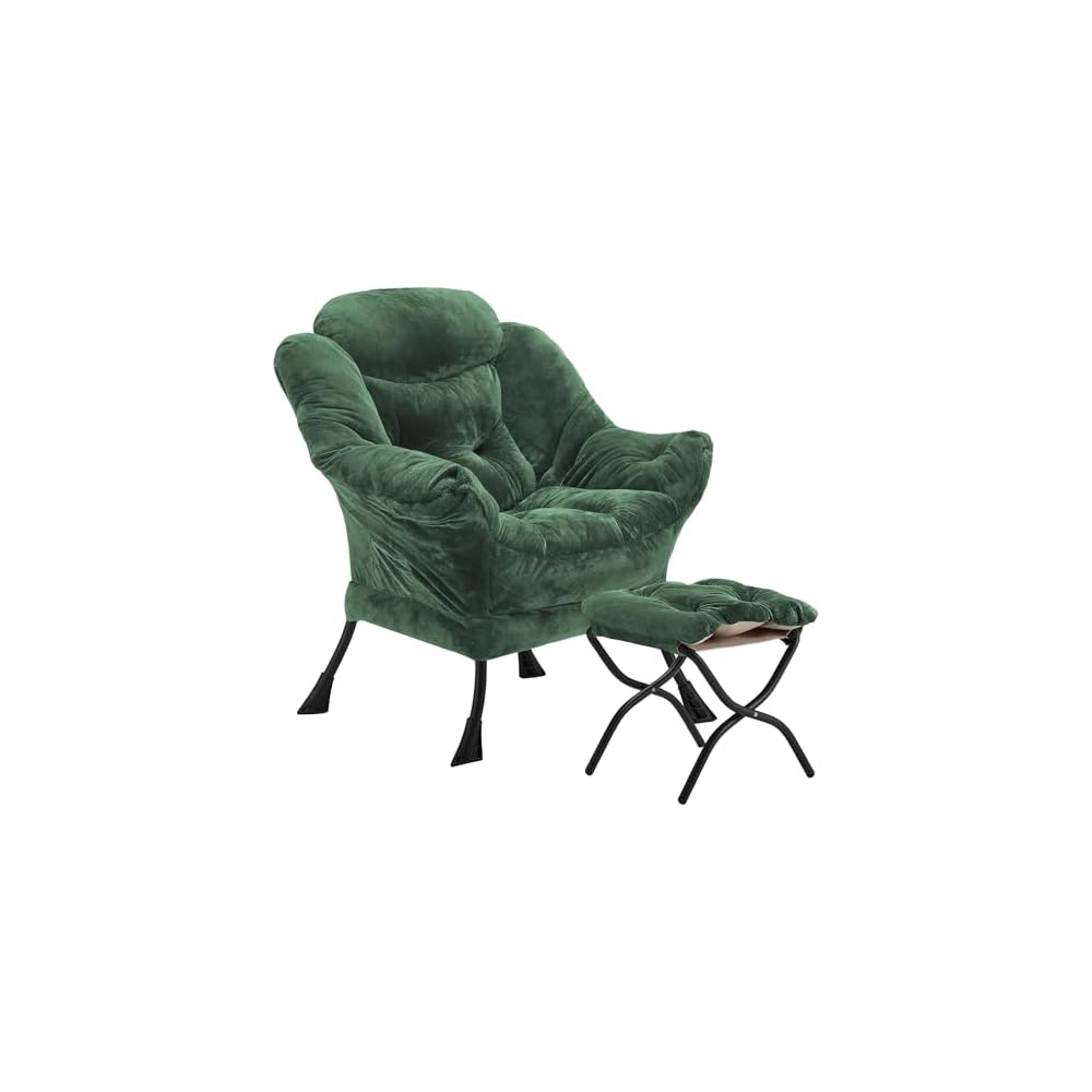 Youtanic Lazy Chair with Folding Ottoman, Accent Chair Velvet Upholstered with Metal Structure and Non-Slip Pads, Sofa Armchair with Footrest and Side Storage Bag for Dorm, Office, Charcoal