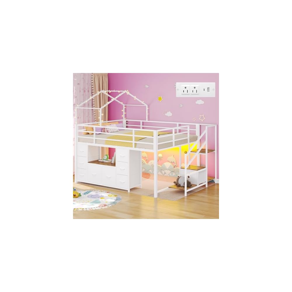 BYSAUD Low Loft Bed Full with 9 Drawers, 2 Shelves, Stairs & LED Lights