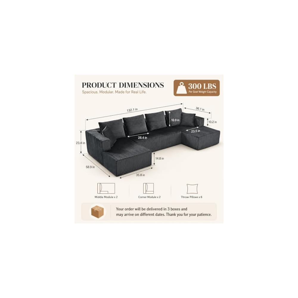 132" Modular Sectional Couch, U Shaped Boneless Corduroy Cloud Sofa