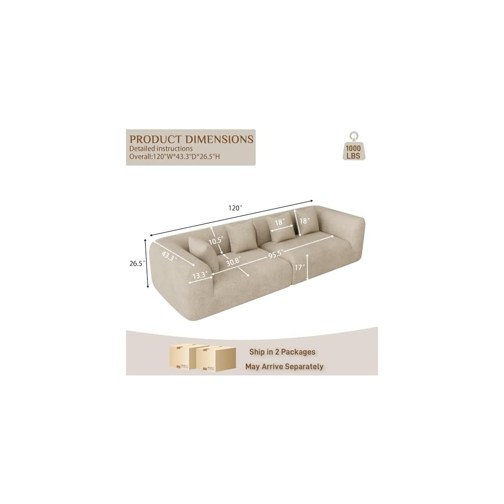 120" Oversized Sectional Couches for Living Room, Comfy Plush Boneless Modular Sectional Sofa, Modern Modular Couch Chenille Cloud Couch Sectionals, 4 Seater, No Assembly Needed, Light Brown