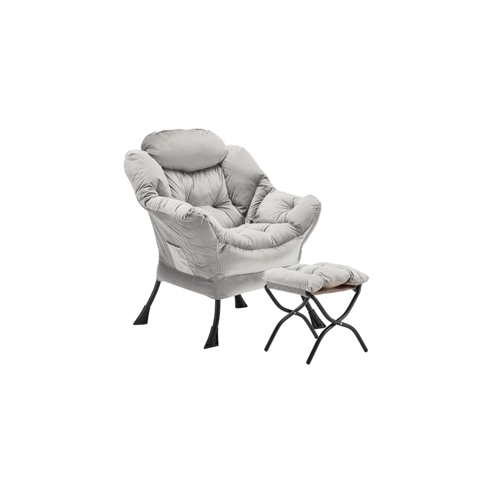 Youtanic Lazy Chair with Folding Ottoman, Accent Chair Velvet Upholstered with Metal Structure and Non-Slip Pads, Sofa Armchair with Footrest and Side Storage Bag for Dorm, Office, Charcoal