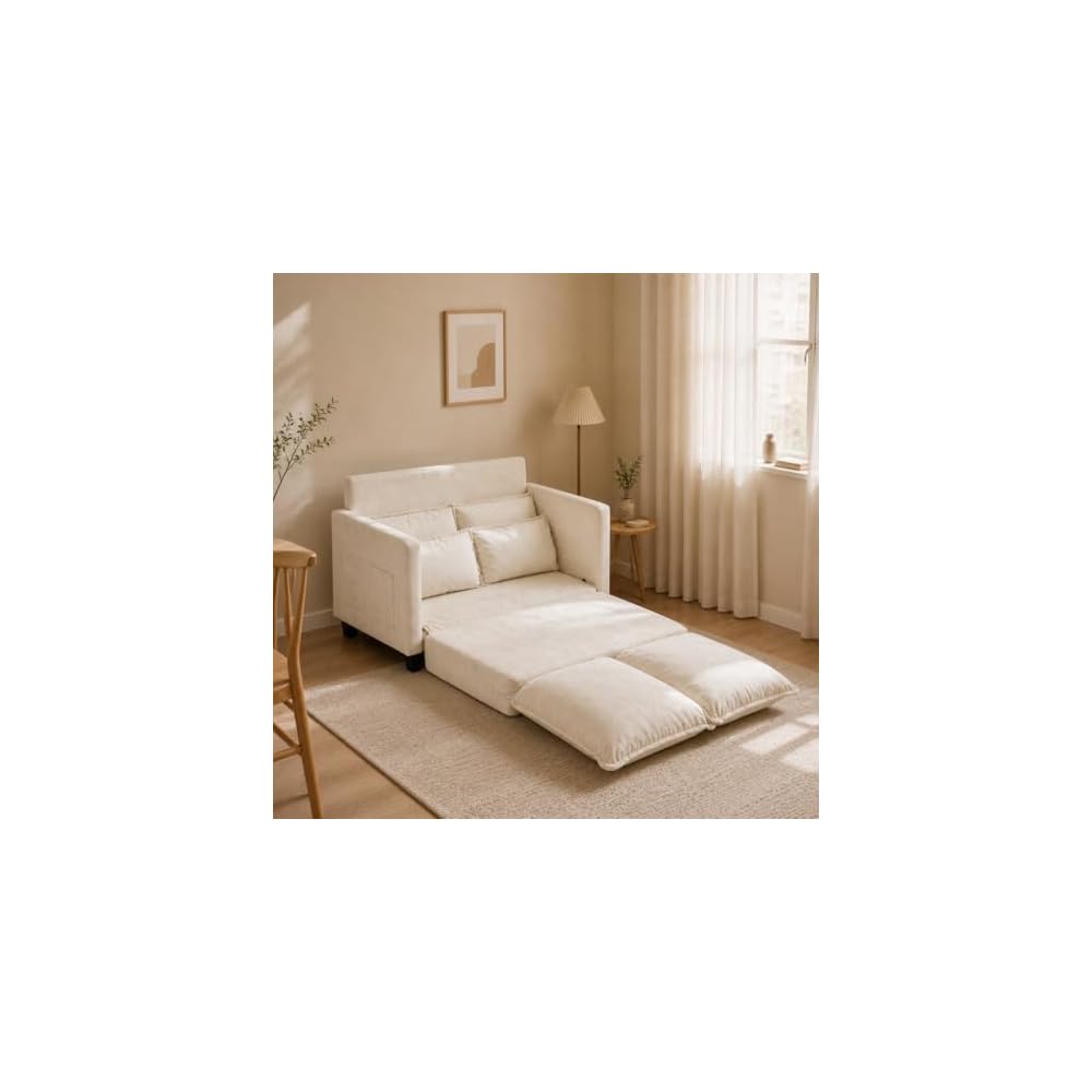 KYJ 49" Loveseat Sofa Bed, Convertible Pull Out Couch with Foldable Mattress, Small Love Seat for Bedroom, Dorm, RV & Apartment, Chenille Fabric, Not Twin Size, Beige