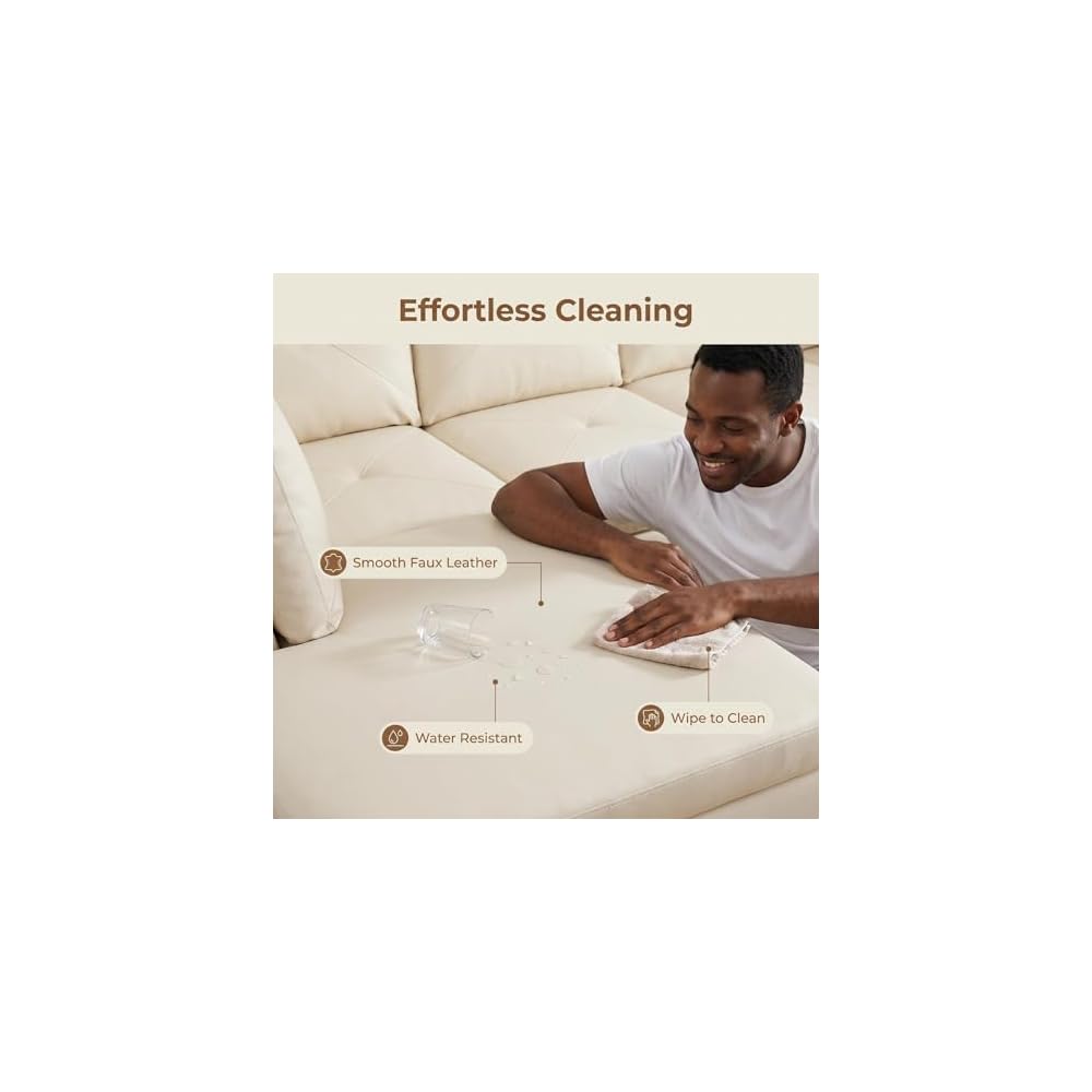 97" Sectional Couch, L Shaped 4 Seater PU Faux Leather Sofa w/Chaise Lounge, Comfy Modern Modular Couch for Living Room, Apartment, Off-White, Left, 2PCS