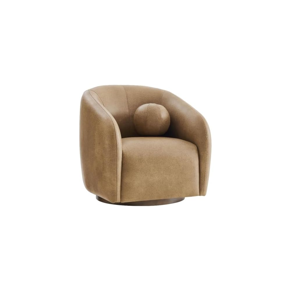 Modway Holland Curved Swivel Armchair in Toast – Vegan Leather Barrel Chair with Ball Throw Pillow and Wood Base – Mid-Century Modern Curved Living Room Accent Chair