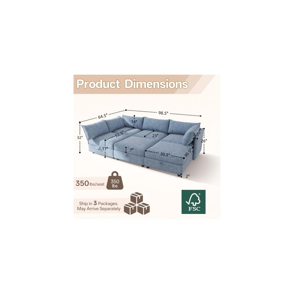 95.5" Chenille Modular Sectional Sofa Bed Hidden Storage, Convertible L U Shaped Sleeper Couch, 6 Seat Modern Modular Sectional Sofa with Removable Covers & Ottoman Chaise, for Living Room, Blue