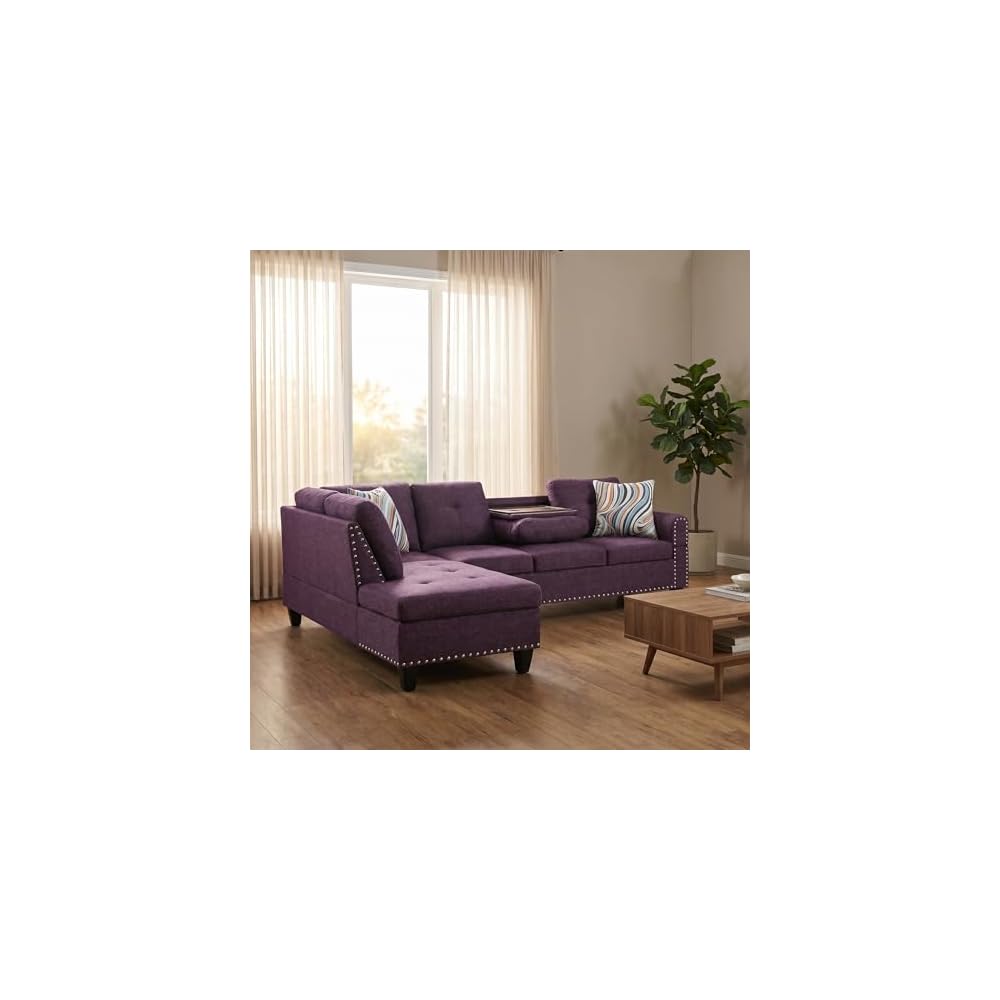 L-Shaped Sectional Sofa, Modern 4-Seat Couch with Built-in Cup Holders, Upholstered Fabric Sectional Couch with Right Facing Chaise for Living Room, Apartment, Office, Purple