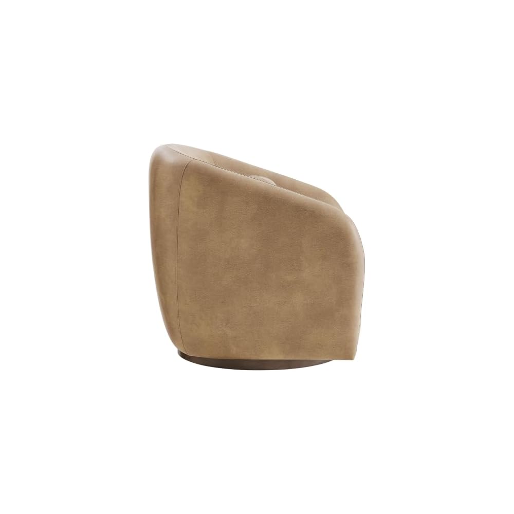 Modway Holland Curved Swivel Armchair in Toast – Vegan Leather Barrel Chair with Ball Throw Pillow and Wood Base – Mid-Century Modern Curved Living Room Accent Chair