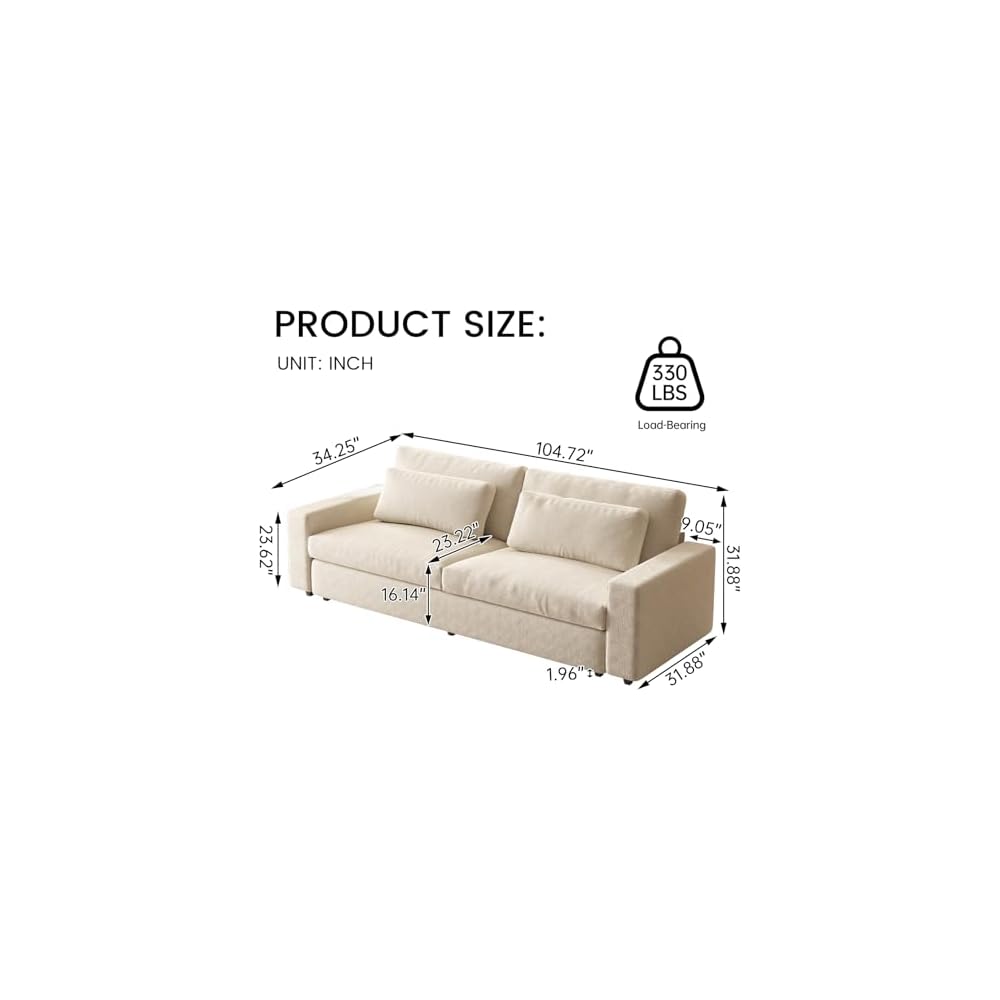 Guyii 104.72" Oversized Sofa, Extra-Wide & Deep Loveseat Sofa, 3 Seater Sofa with 2 Pillows, Modern Polyester Sofa Couch for Living Room, Bedroom, Home, 330 Lbs Capacity