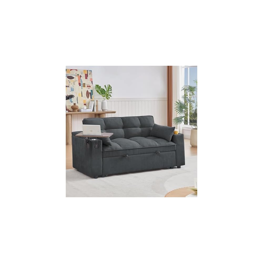 Auvsoce 65'' Convertible Sleeper Sofa Bed with Adjustable Backrest, Chaise Lounge, Side Table & USB/Type-C Ports – Stylish & Functional Addition to Any Living Room (Drak Grey)
