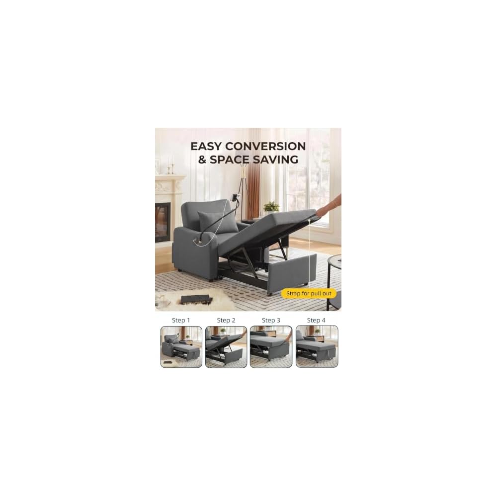 Convertible Sofa Chair Bed, 3-in-1 Pull Out Sleeper Chair, Dark Gray