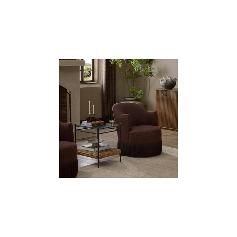 Brown Velvet Swivel Accent Chair with Bullion Fringe, Traditional Lounge Chair