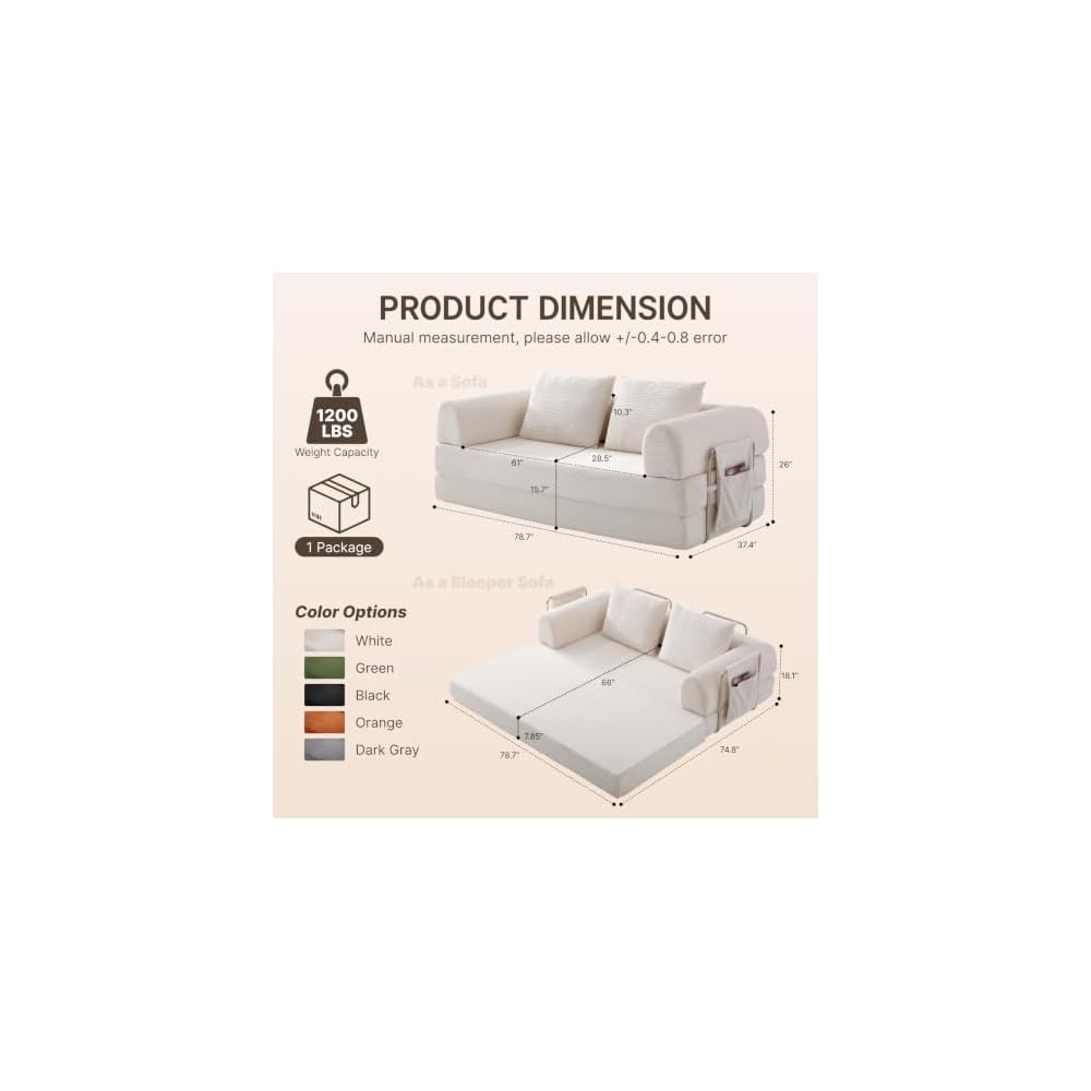 78" Convertible Sofa Bed, 5-in-1 Corduroy Futon Couch with Storage Pocket