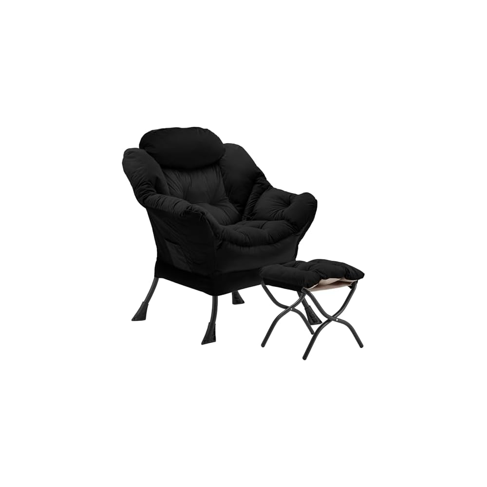 Youtanic Lazy Chair with Folding Ottoman, Accent Chair Velvet Upholstered with Metal Structure and Non-Slip Pads, Sofa Armchair with Footrest and Side Storage Bag for Dorm, Office, Charcoal