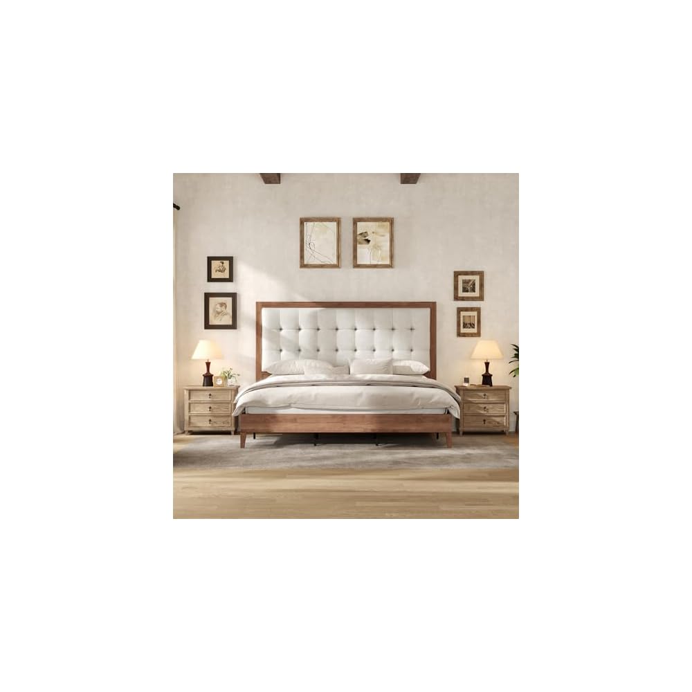 AMERLIFE Solid Wood King Bed Frame 50.2" Upholstered Headboard, Walnut