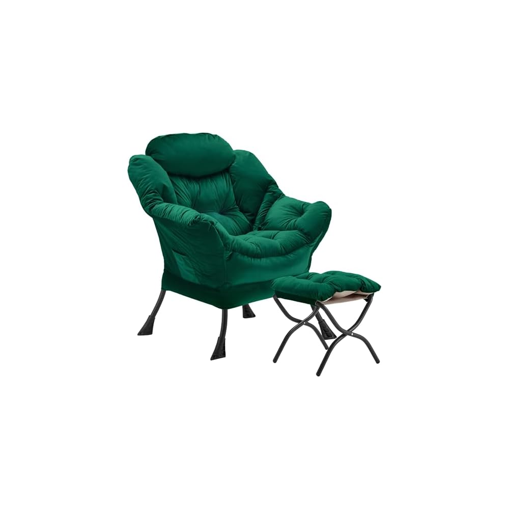Youtanic Lazy Chair with Folding Ottoman, Accent Chair Velvet Upholstered with Metal Structure and Non-Slip Pads, Sofa Armchair with Footrest and Side Storage Bag for Dorm, Office, Charcoal