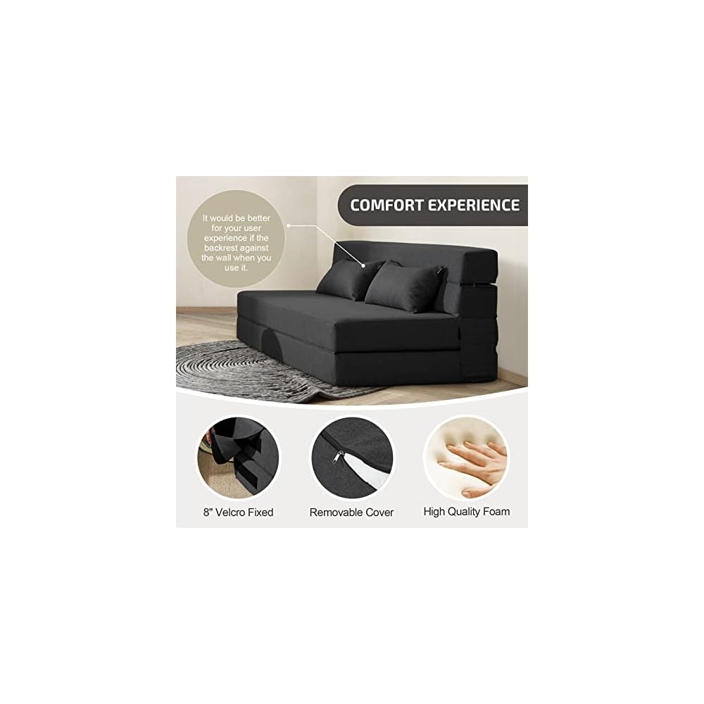 SUYOLS Convertible Folding Sofa Bed - Chair Bed Sleeper with Pillow, Modern Linen Fabric Fold Out & Futon Couch, Foldable Mattress for Living Room/Dorm/Guest Use/Home Office, Queen Size, Dark Gray