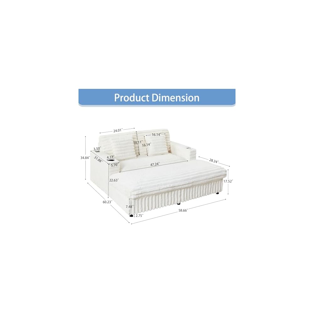 58'' Plush Faux Rabbit Fur Chaise Loveseat with Charging Station & Cup Holder and Pillows, Upholstered Corduroy Chaise Loveseat Sofa Recliner Longue Indoor Couch for Living Room, Bedroom, White