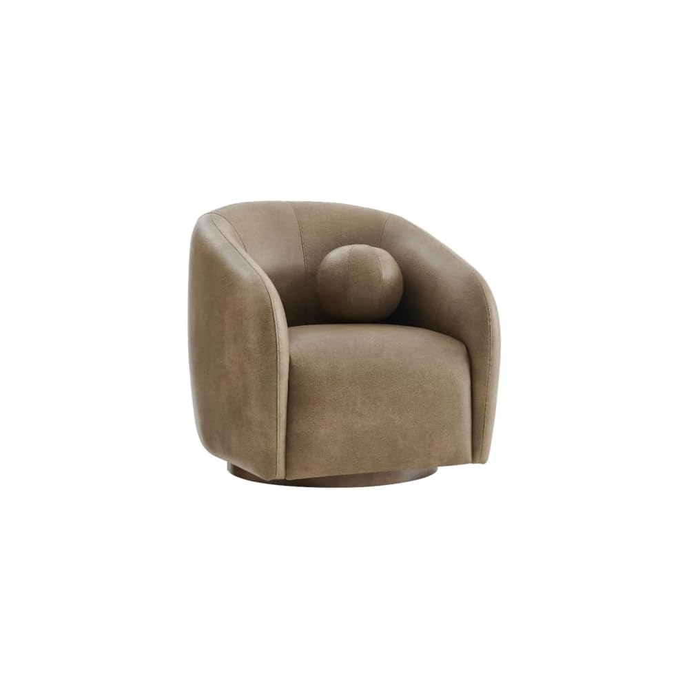 Modway Holland Curved Swivel Armchair in Toast – Vegan Leather Barrel Chair with Ball Throw Pillow and Wood Base – Mid-Century Modern Curved Living Room Accent Chair