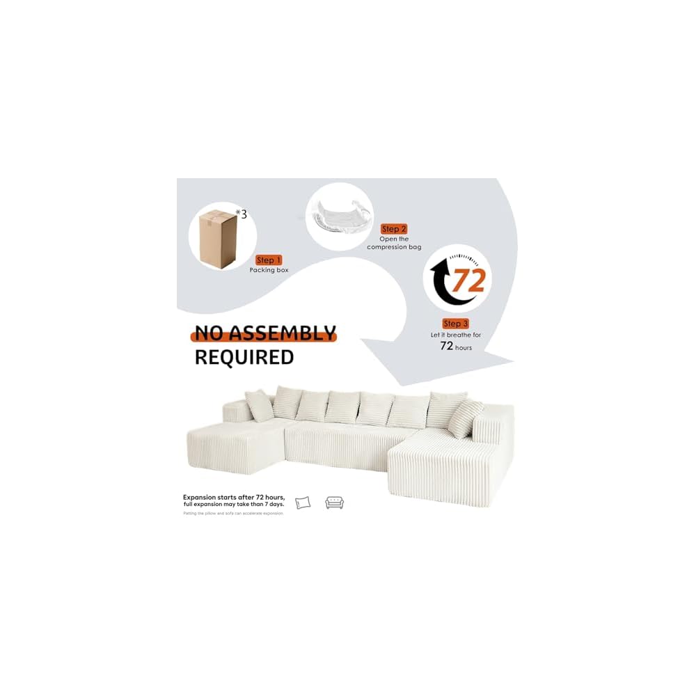 130" Boneless Couch, Cloud Couch Sectional, Corduroy Sofa for Living Room, U Shaped Modular Sofa with Chaise, No Assembly, 4 Seats Oversized (White)