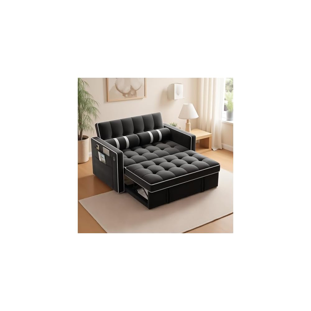Marsail 3-in-1 Futon Sleeper Sofa Bed, Convertible Pull Out Couch, Black