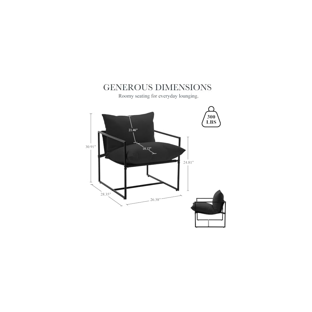 Modern Accent Chair, Upholstered Reading Sling Chair with Metal Frame and Soft Cushion,Stylish Lounge Armchair for Living Room, Bedroom or Office Seating, Black