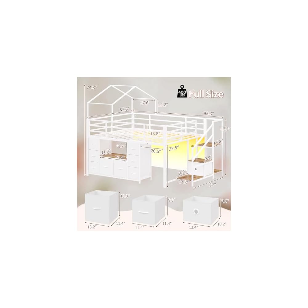 BYSAUD Low Loft Bed Full with 9 Drawers, 2 Shelves, Stairs & LED Lights